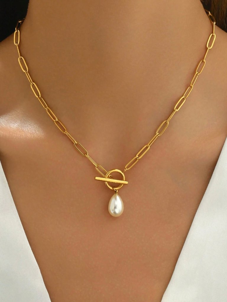 Gold Pearl Pendant Paperclip Toggle Necklace